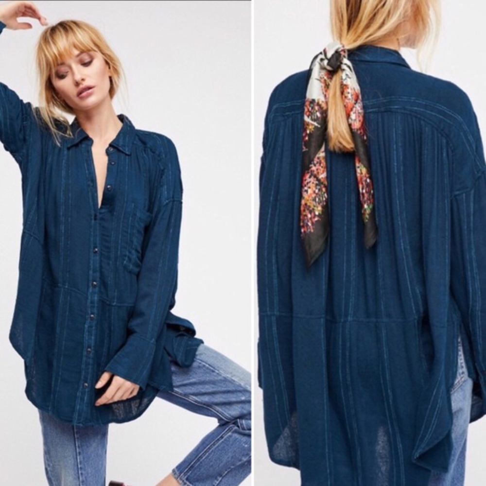 Free People Cozy Nights Embroidered Stripe Blouse